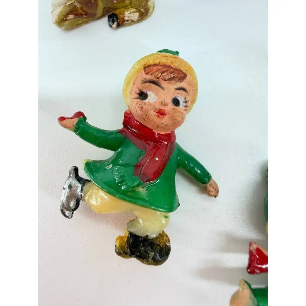 Vintage Hong Kong Plastic Christmas Figures Deer Ice Skaters Figurine Set